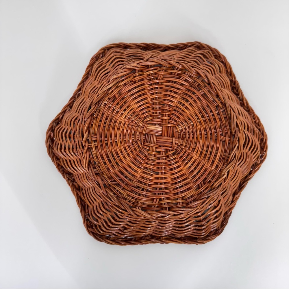 Vintage Brown Braided Edge Woven Hexagon Tray Baskets Home Decor - Picture 6 of 15